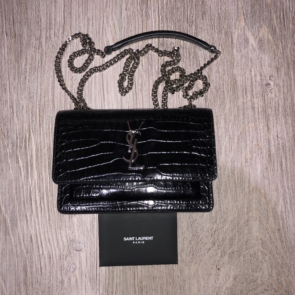 Saint Laurent Sunset Black Crocodile Chain Wallet